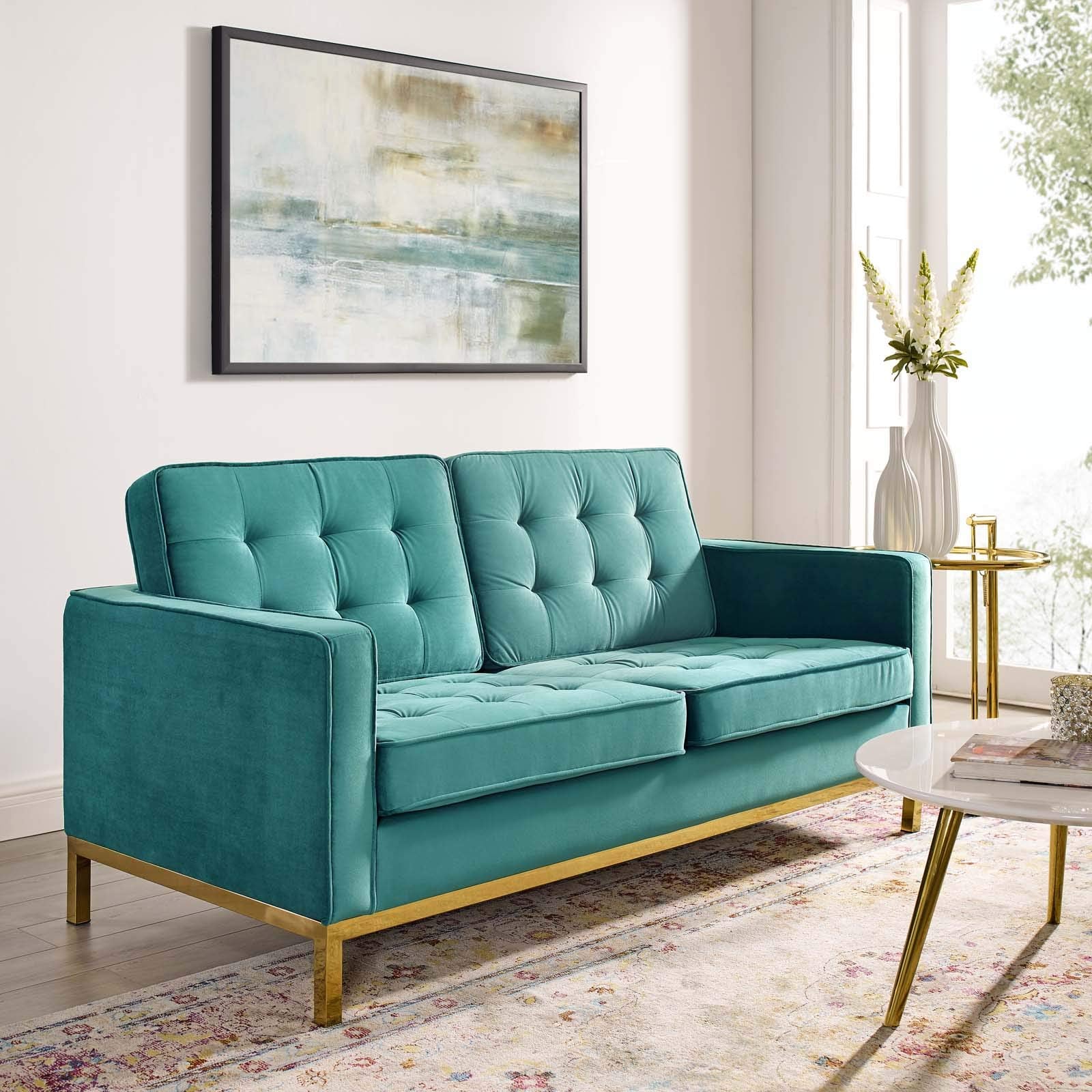 Modway Loft Tufted Button Performance Velvet Upholstered Loveseat In Gold Teal